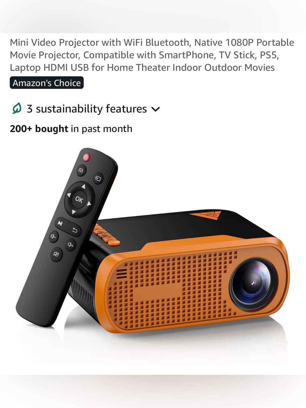 Portable Orange Mini Projector with Remote Control - Compact Home Theater